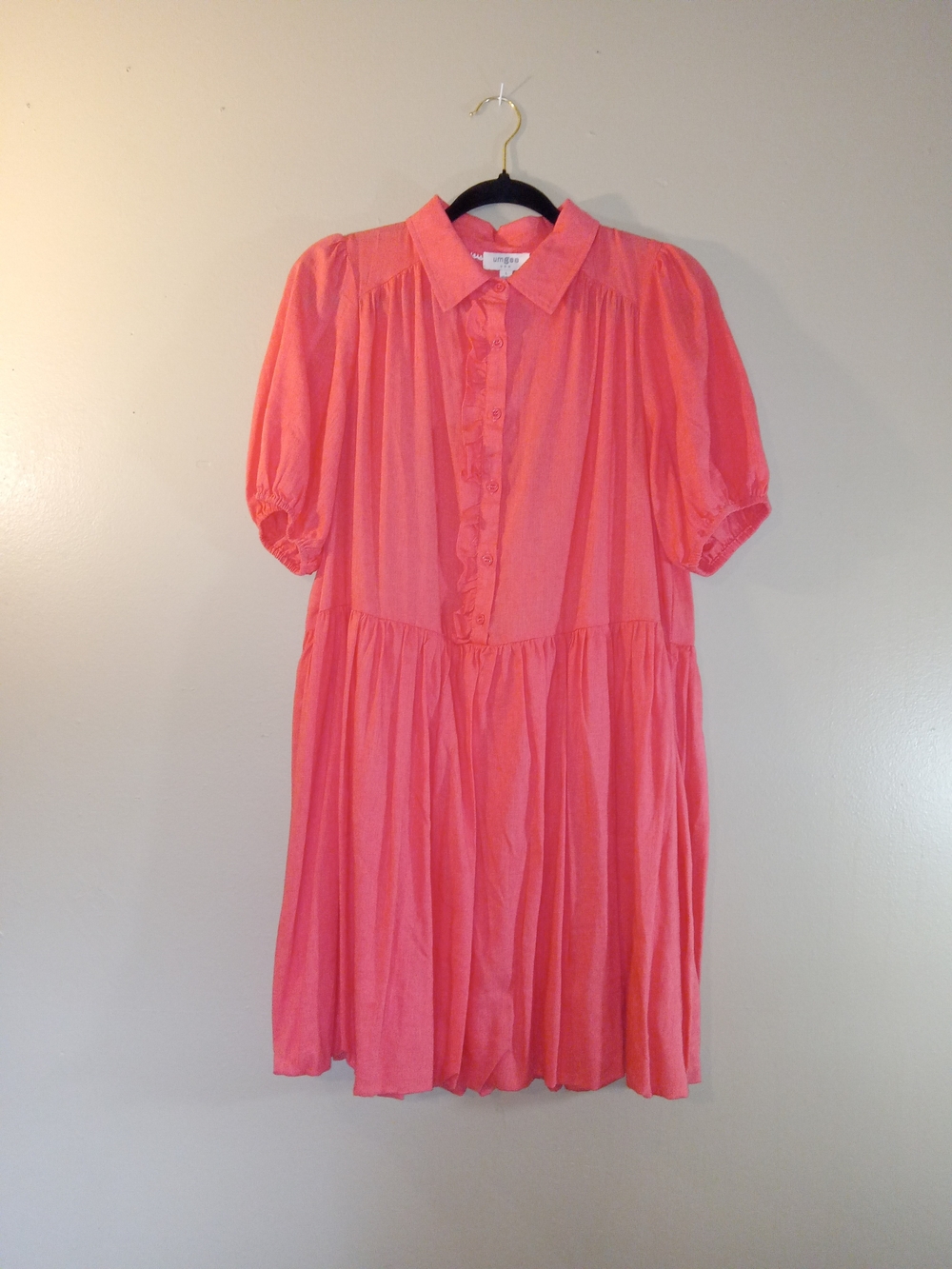 Umgee Coral Midi Dress with Puff Sleeves